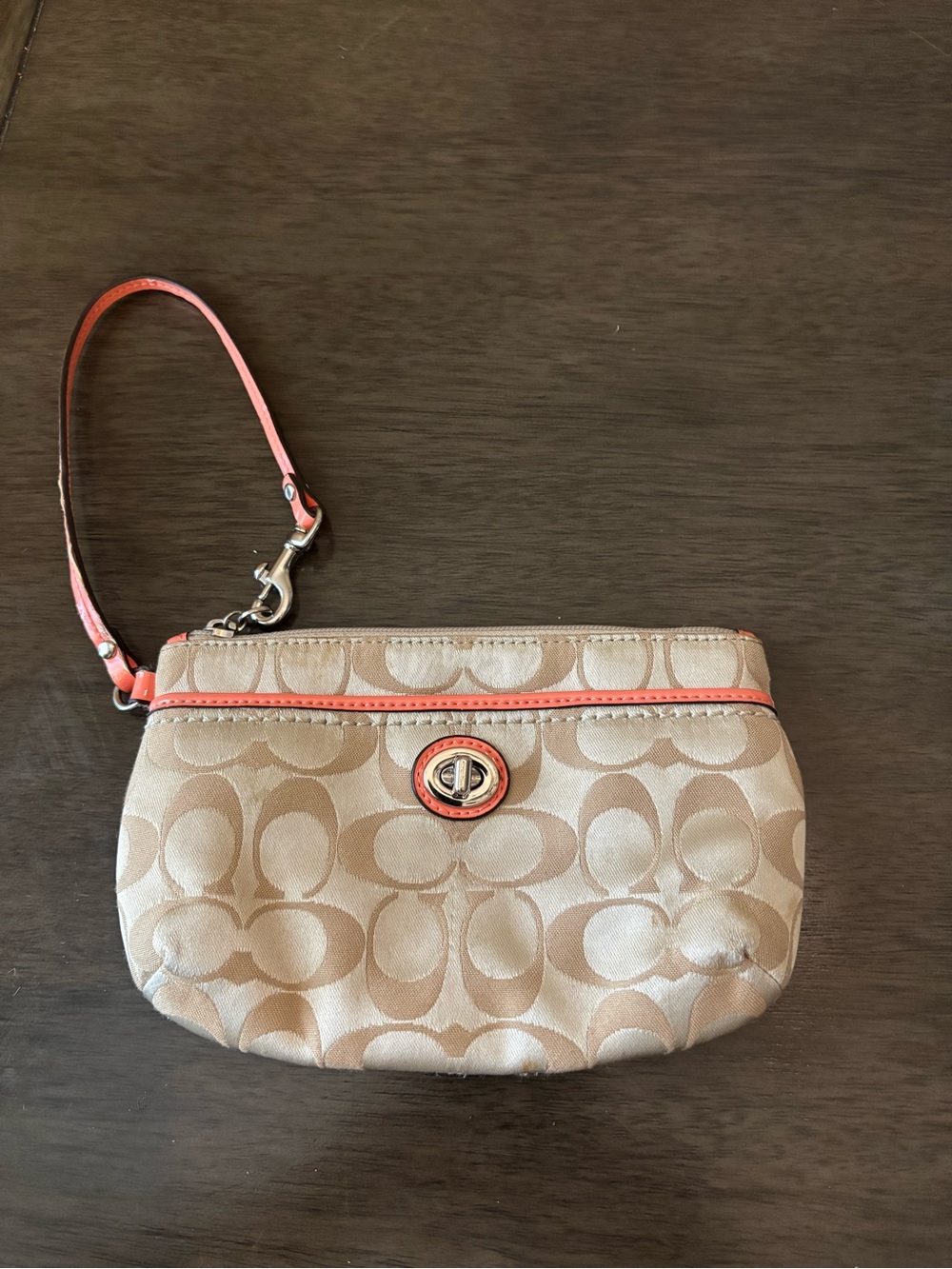 Coach Beige Signature Wristlet with Coral Trim